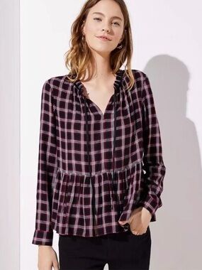Loft Red Plaid Peplum Long Sleeve Blouse Plus Size 16 Tunic Top